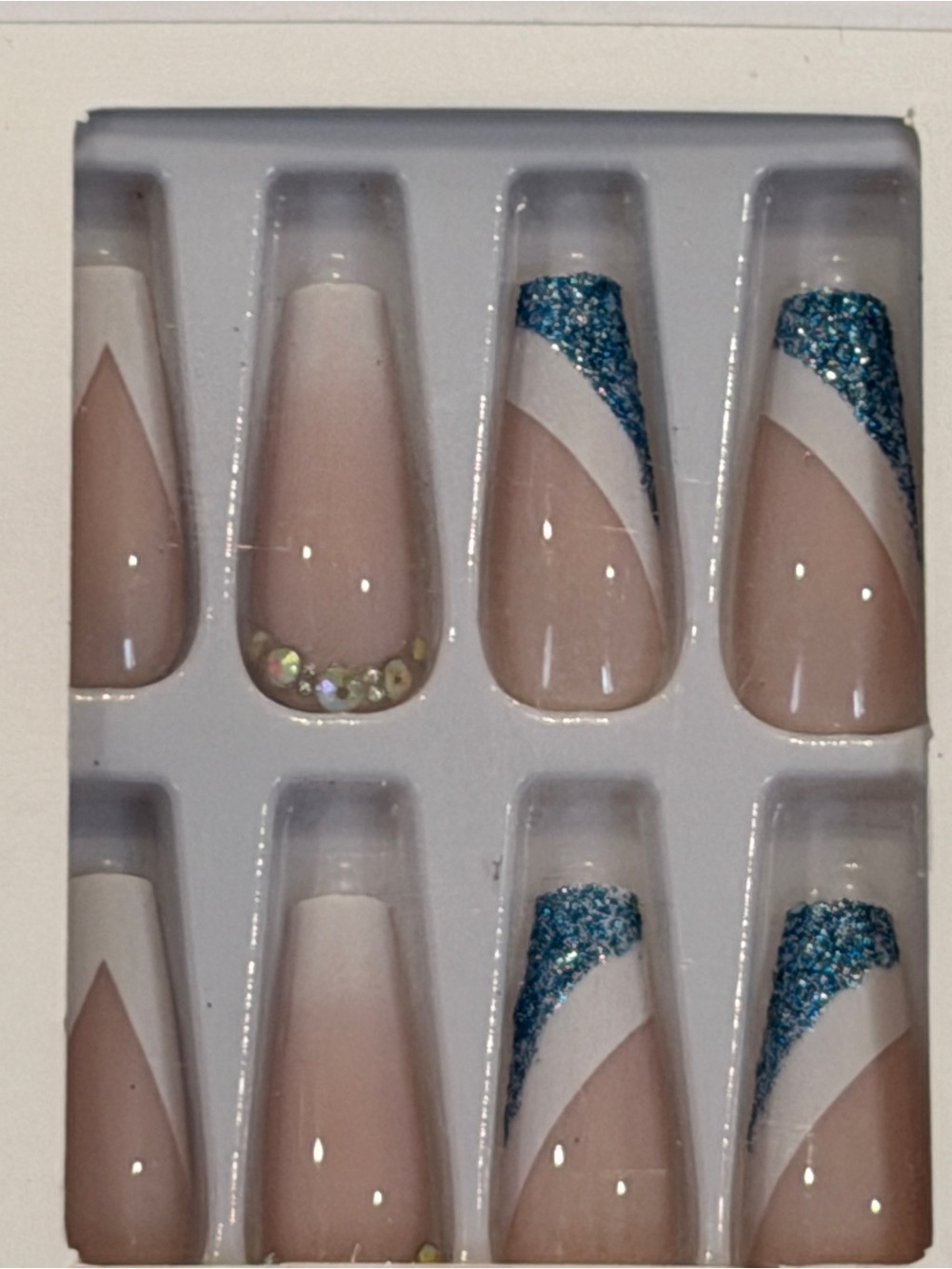 Blue Glitter French Tip Press On Nails | White Swirl Coffin Glam Nails